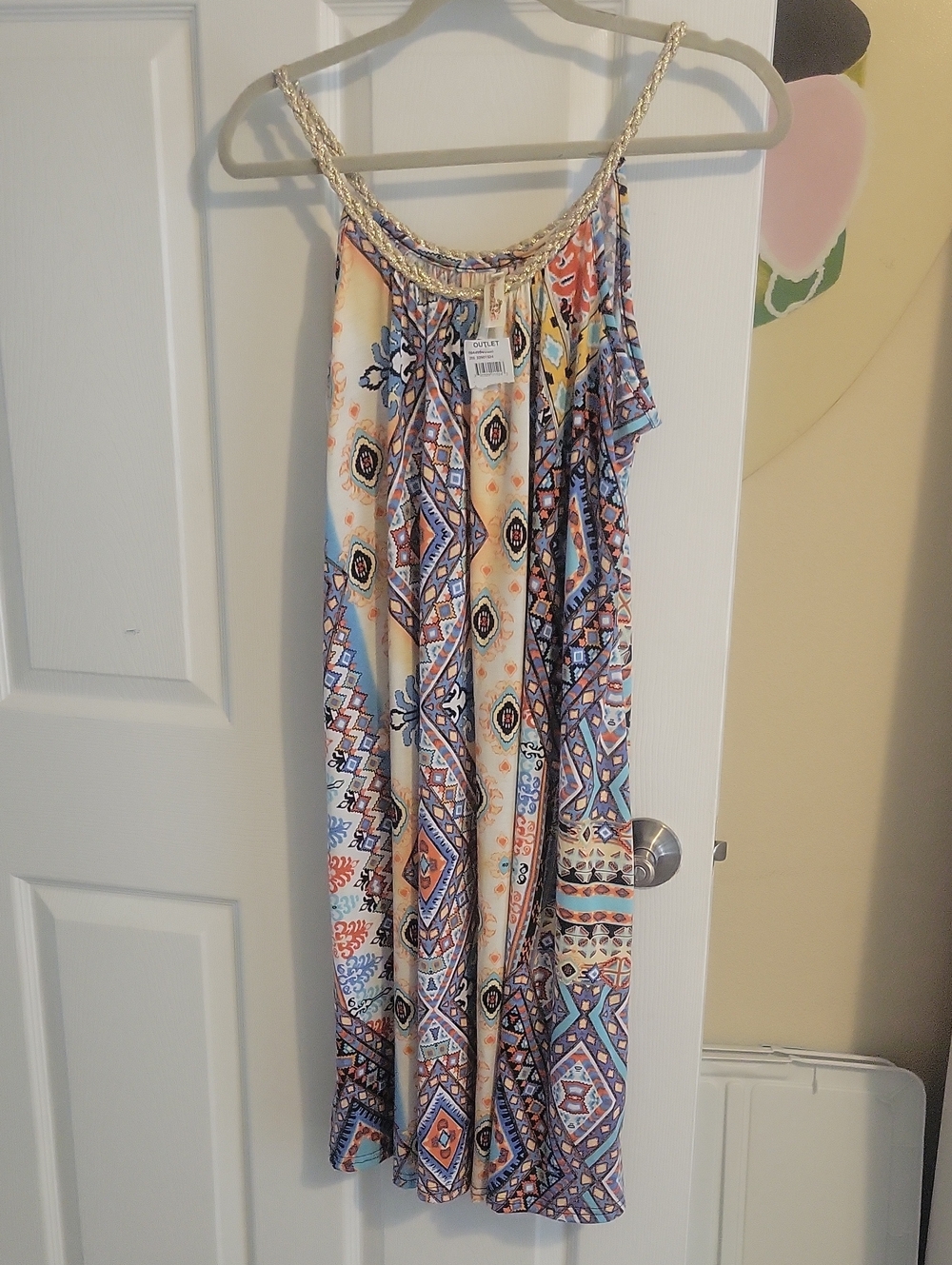 Shoreline XL Blue and Yellow Printed Maxi Dress with Metallic Braided Neckline